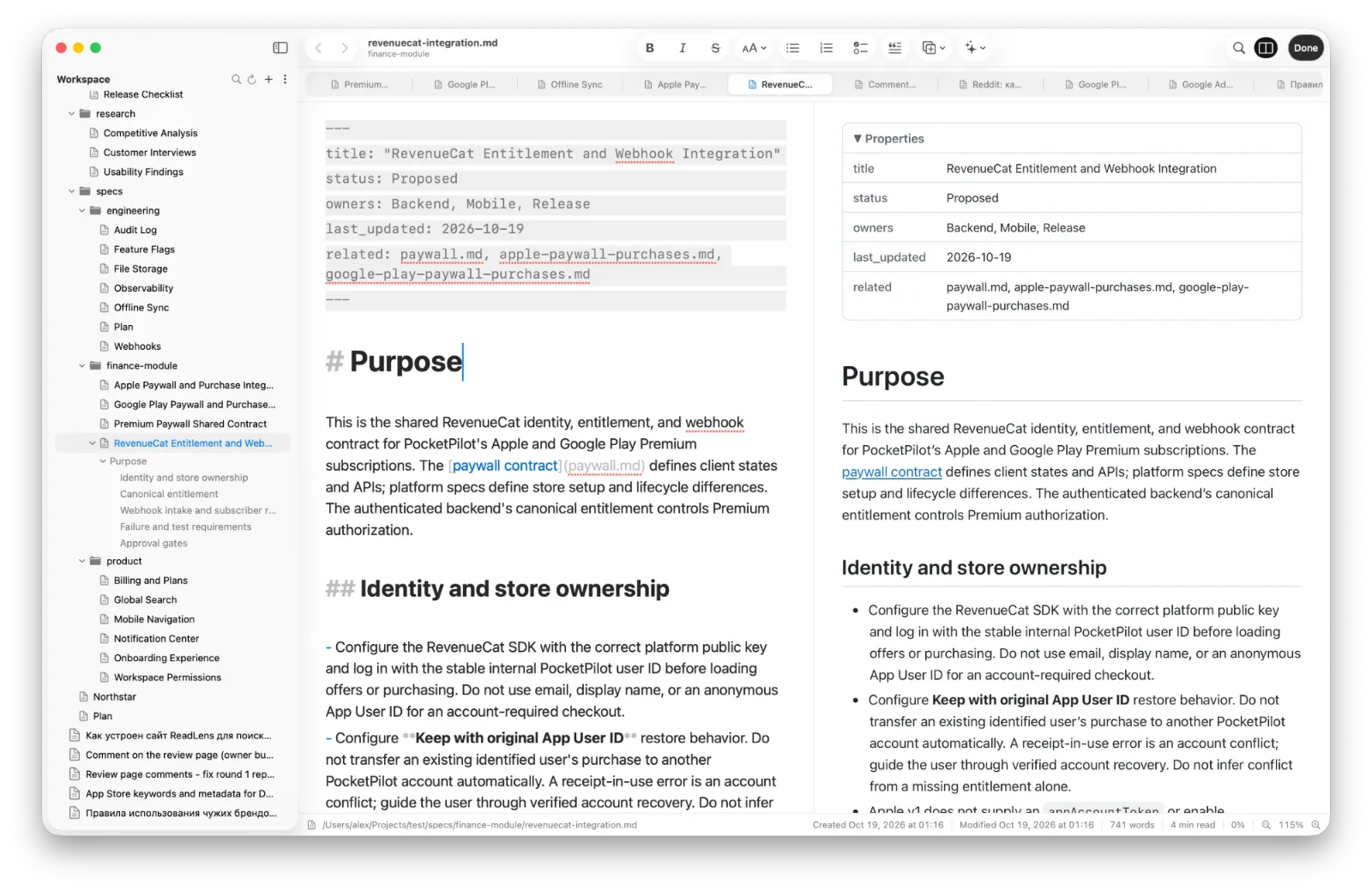 @El editor de DotMD: el código Markdown a la izquierda, la página renderizada a la derecha