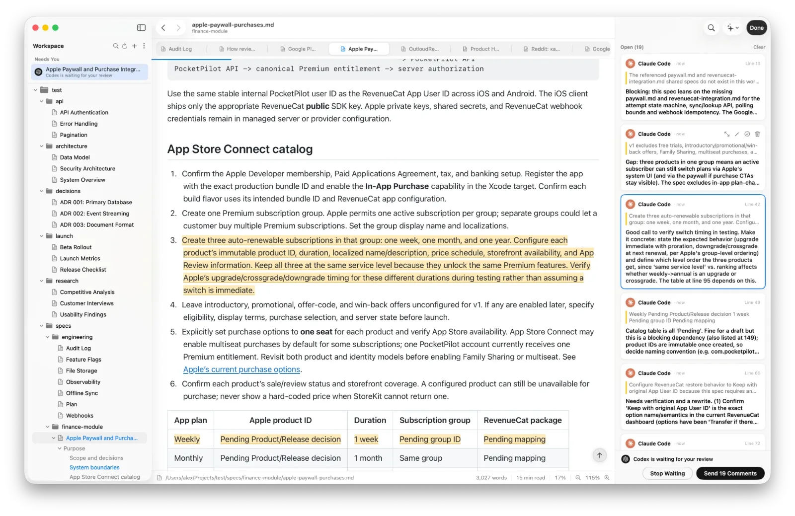 DotMD: an agent is waiting for your review of a spec, the file listed under Needs You and the comments in the Review panel with a Send button
